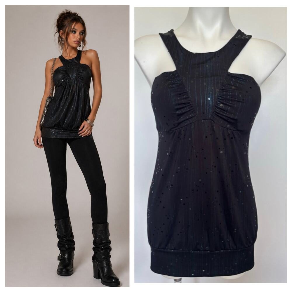 Vintage Charlotte Russe Y2K Black Shimmer Halter Tunic Top Dress Clubwear Size L